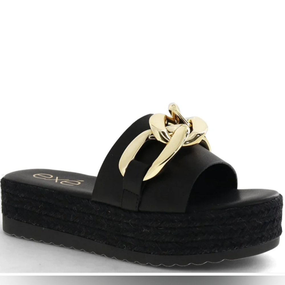 EXÉ* black espadrille slides w/ decorative goldtone chain size 39  NWOT